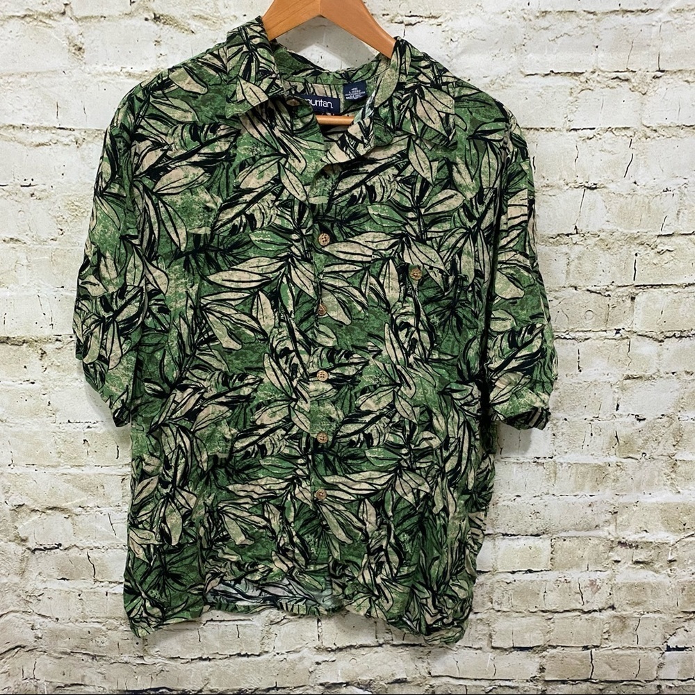 Puritan Green Palm Tree Hawaiian Print Button Up Shirt